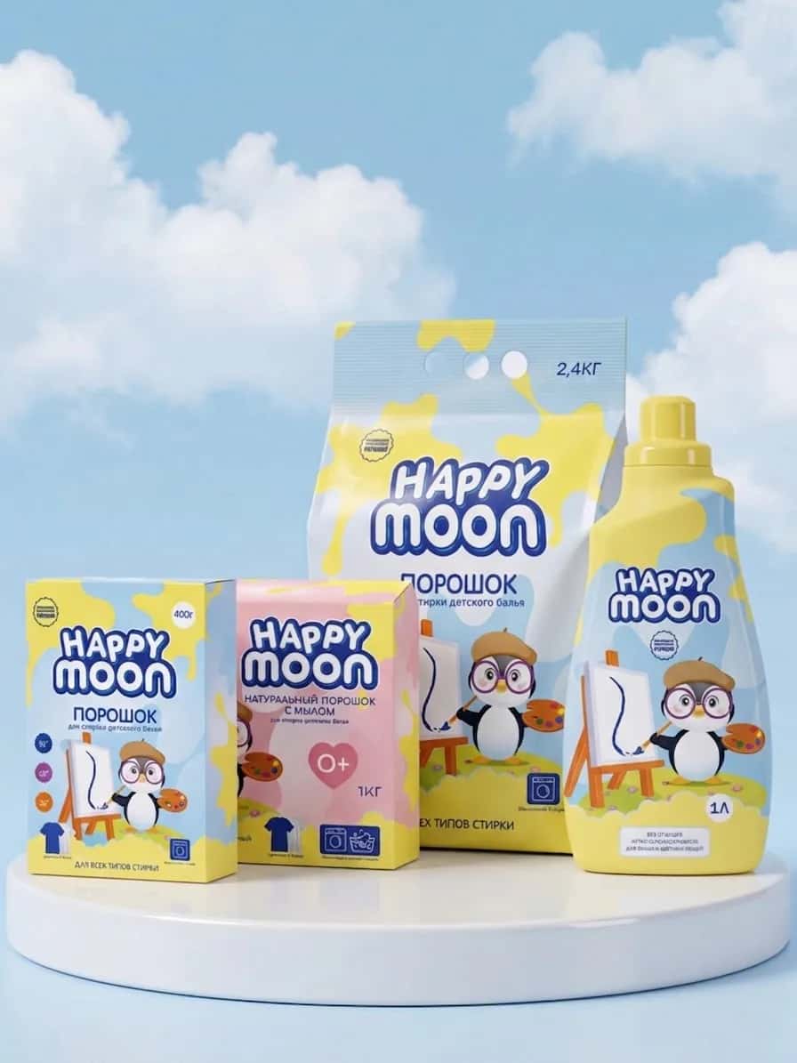 Линейка детских средств для стирки Happy Moon — дизайн упаковки